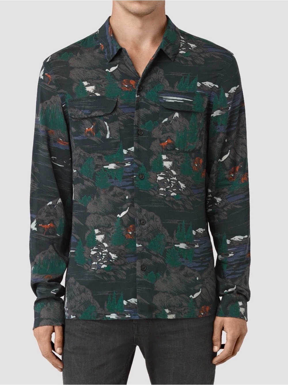 AllSaints Redfern Landscape Shirt M Dark Green Print Button Down Indie Sleaze